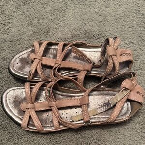 Ecco Tan Sandals with Intricate Straps and Flat Sole